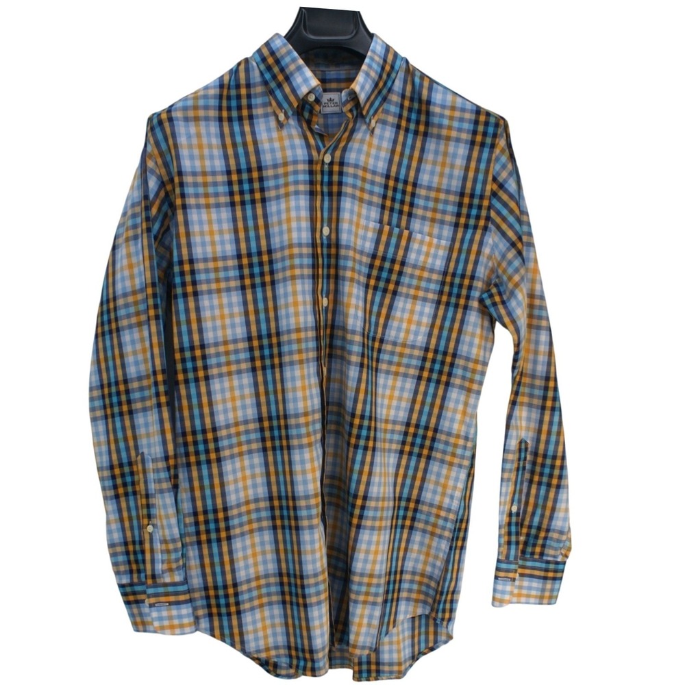 Peter Millar Mens Plaid Button Down Shirt Blue Yellow Orange Cotton Size Medium